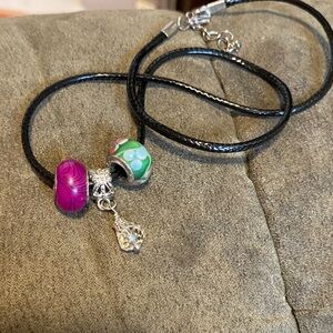 Elegant Black Leather Charm Bracelet with Pink and Green Beads